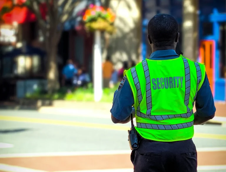 man facing away from the camera with a bright yellow security vest on and a walkie talkie on his hip